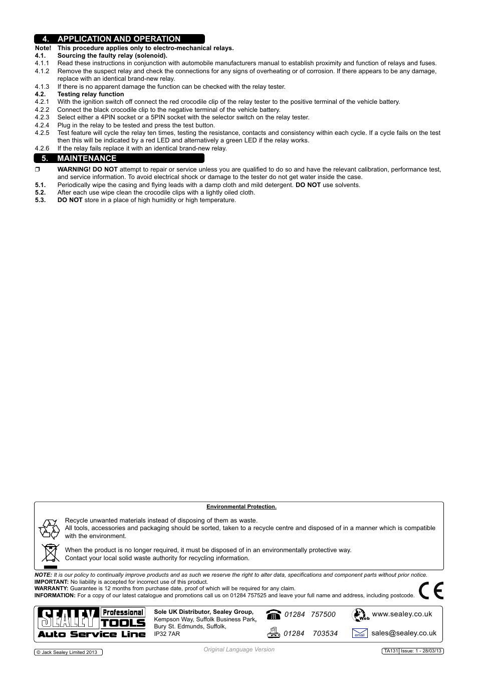 Application and operation, Maintenance | Sealey TA131 User Manual | Page 2 / 2