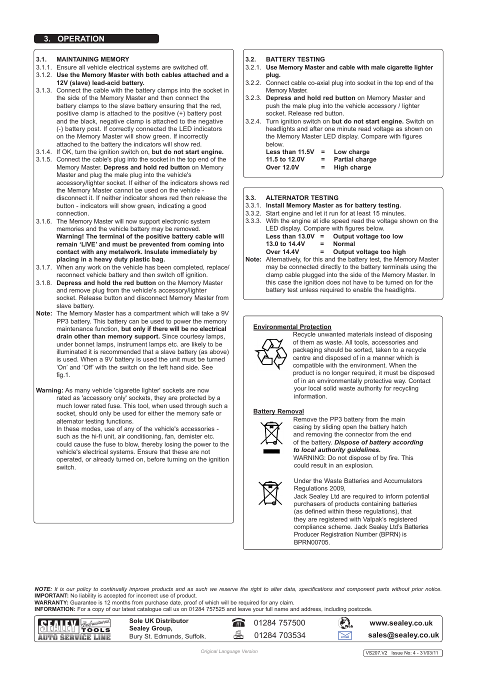 Operation | Sealey VS207 User Manual | Page 2 / 2