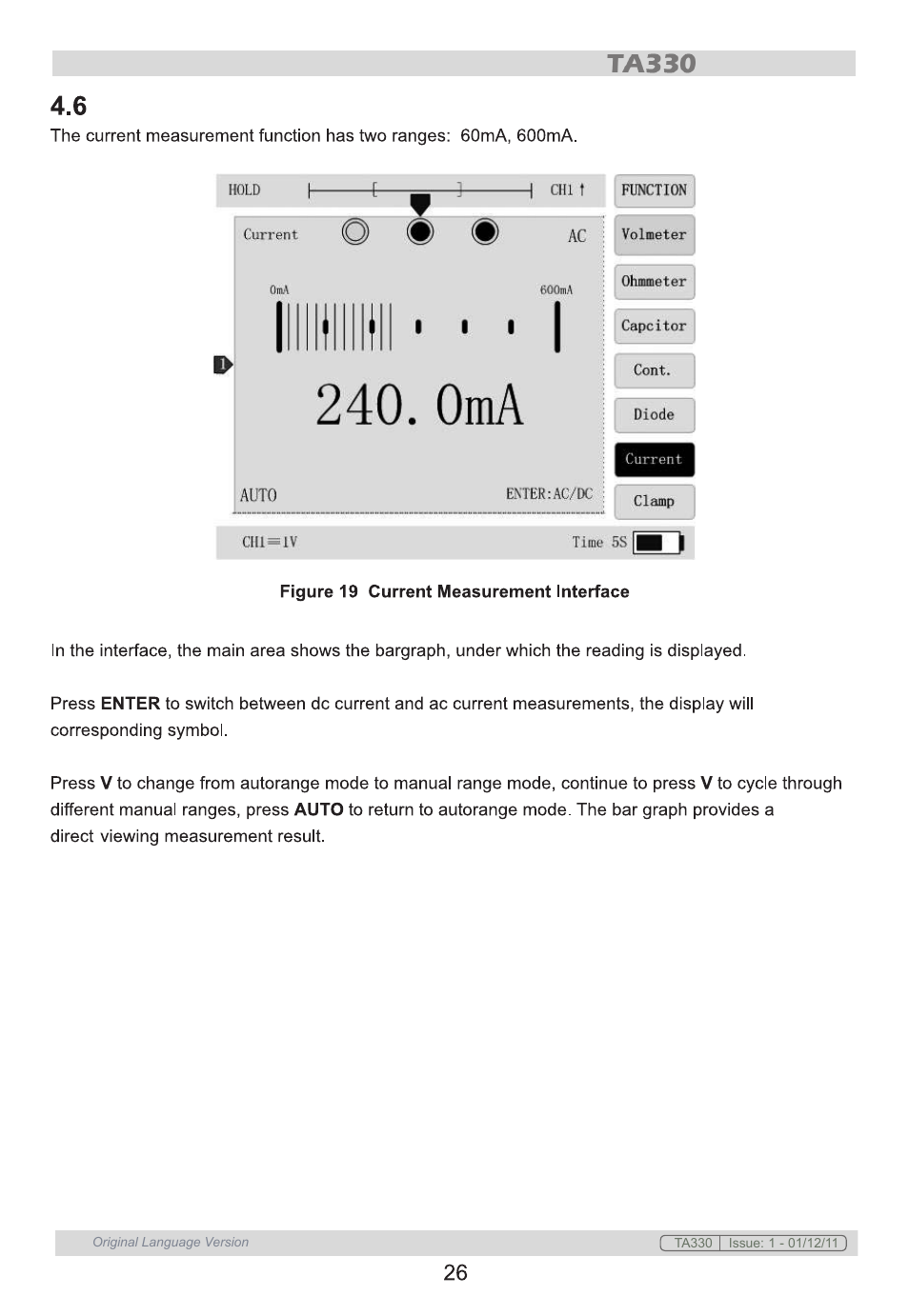 Current measurement | Sealey TA330 User Manual | Page 26 / 38