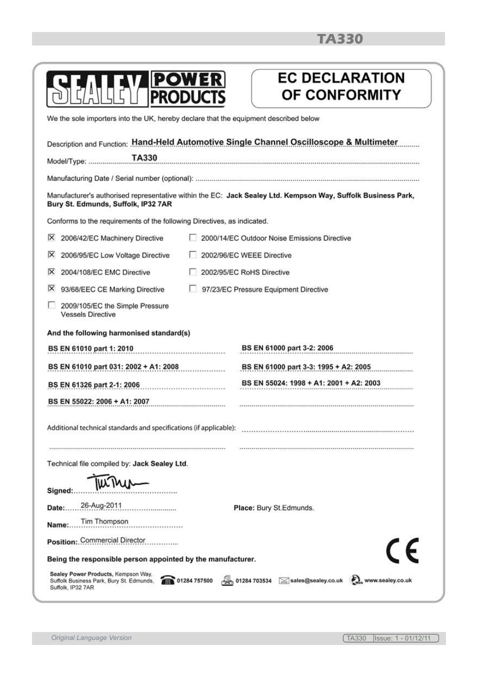 Sealey TA330 User Manual | Page 37 / 38