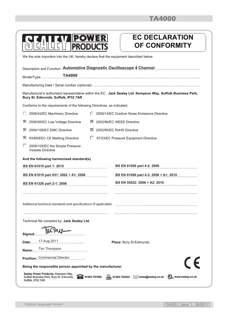 Ec declaration of conformity | Sealey TA4000 User Manual | Page 102 / 102