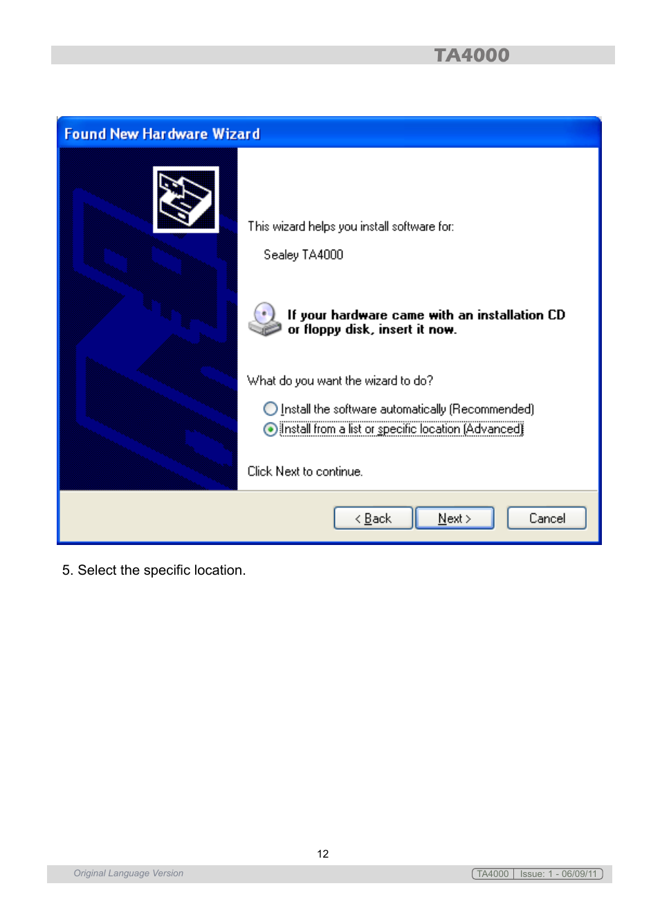 Select the specific location | Sealey TA4000 User Manual | Page 12 / 102