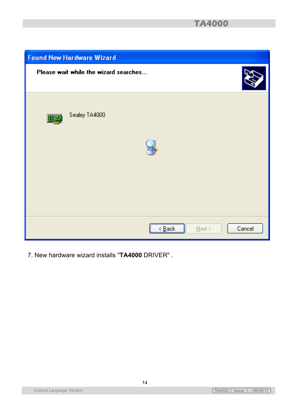 New hardware wizard installs " ta4000 driver | Sealey TA4000 User Manual | Page 14 / 102