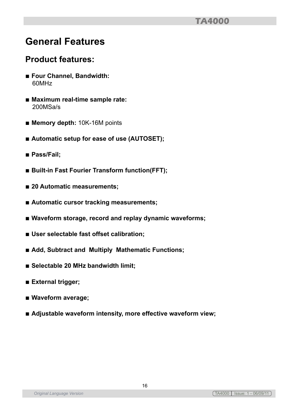 General features, Product features | Sealey TA4000 User Manual | Page 16 / 102