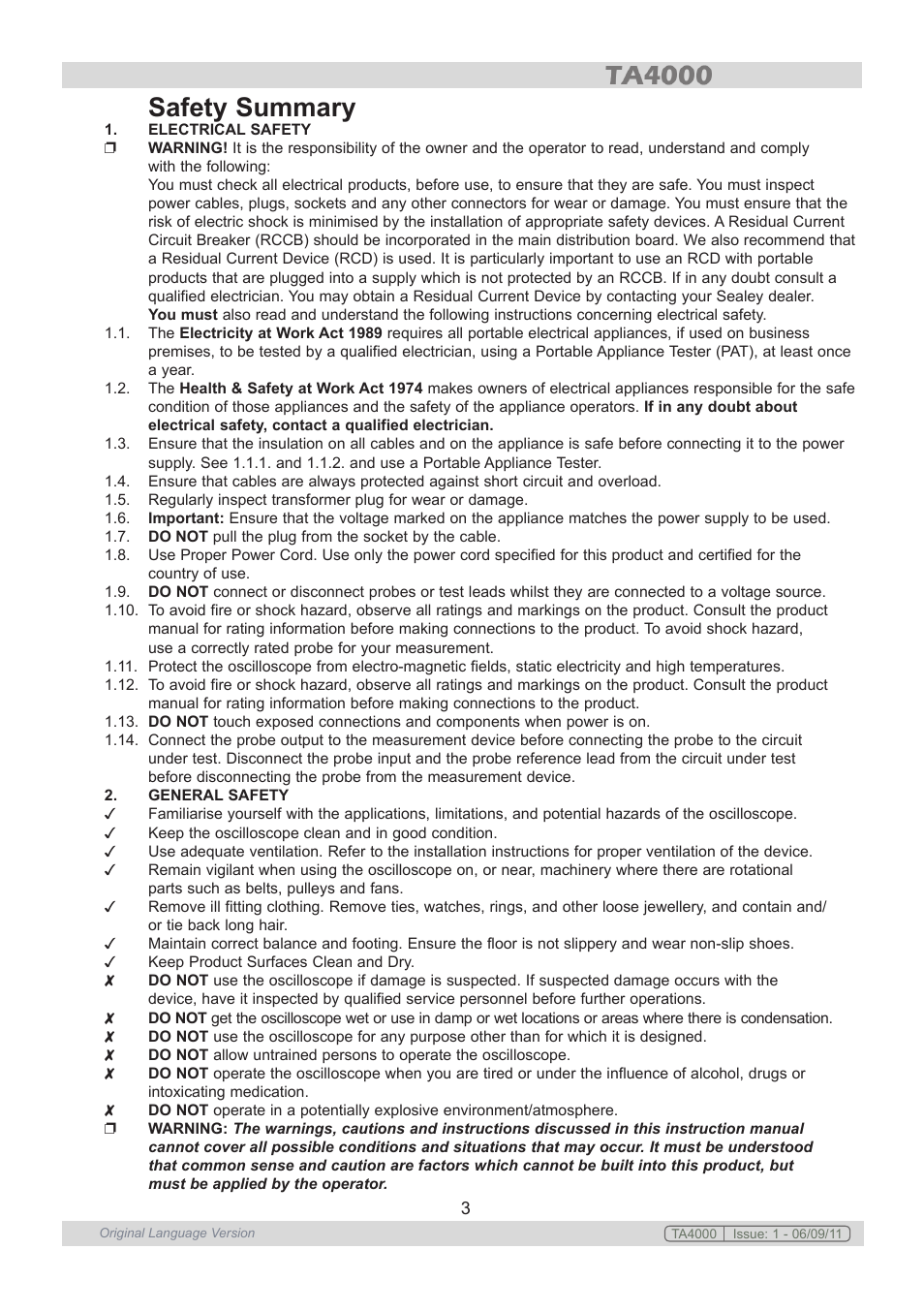 Safety summary | Sealey TA4000 User Manual | Page 3 / 102