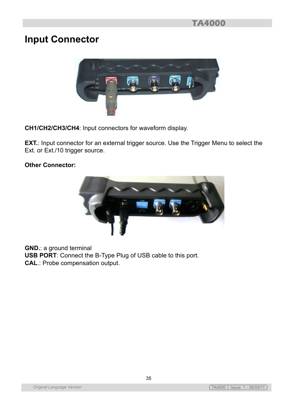 Input connector | Sealey TA4000 User Manual | Page 35 / 102