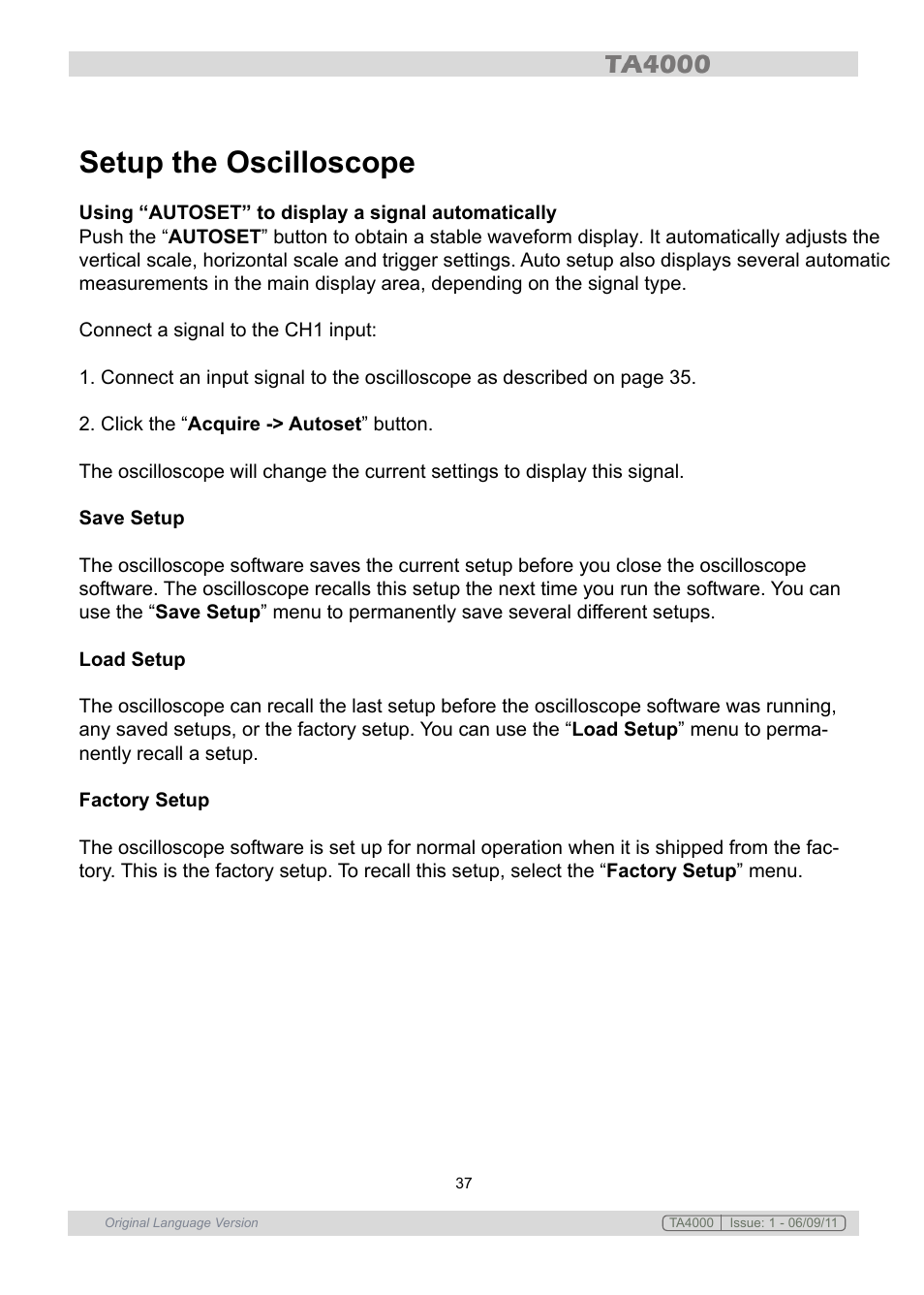 Setup the oscilloscope | Sealey TA4000 User Manual | Page 37 / 102