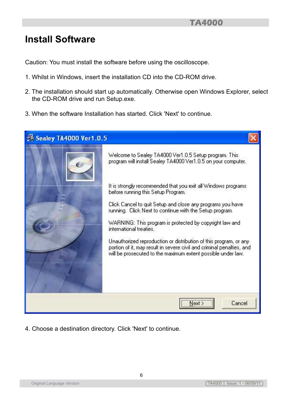 Install software | Sealey TA4000 User Manual | Page 6 / 102