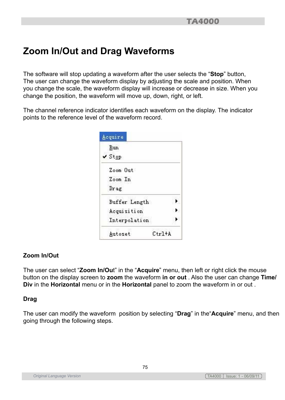 Zoom in/out and drag waveforms | Sealey TA4000 User Manual | Page 75 / 102