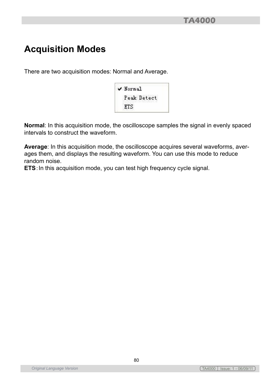 Acquisition modes | Sealey TA4000 User Manual | Page 80 / 102