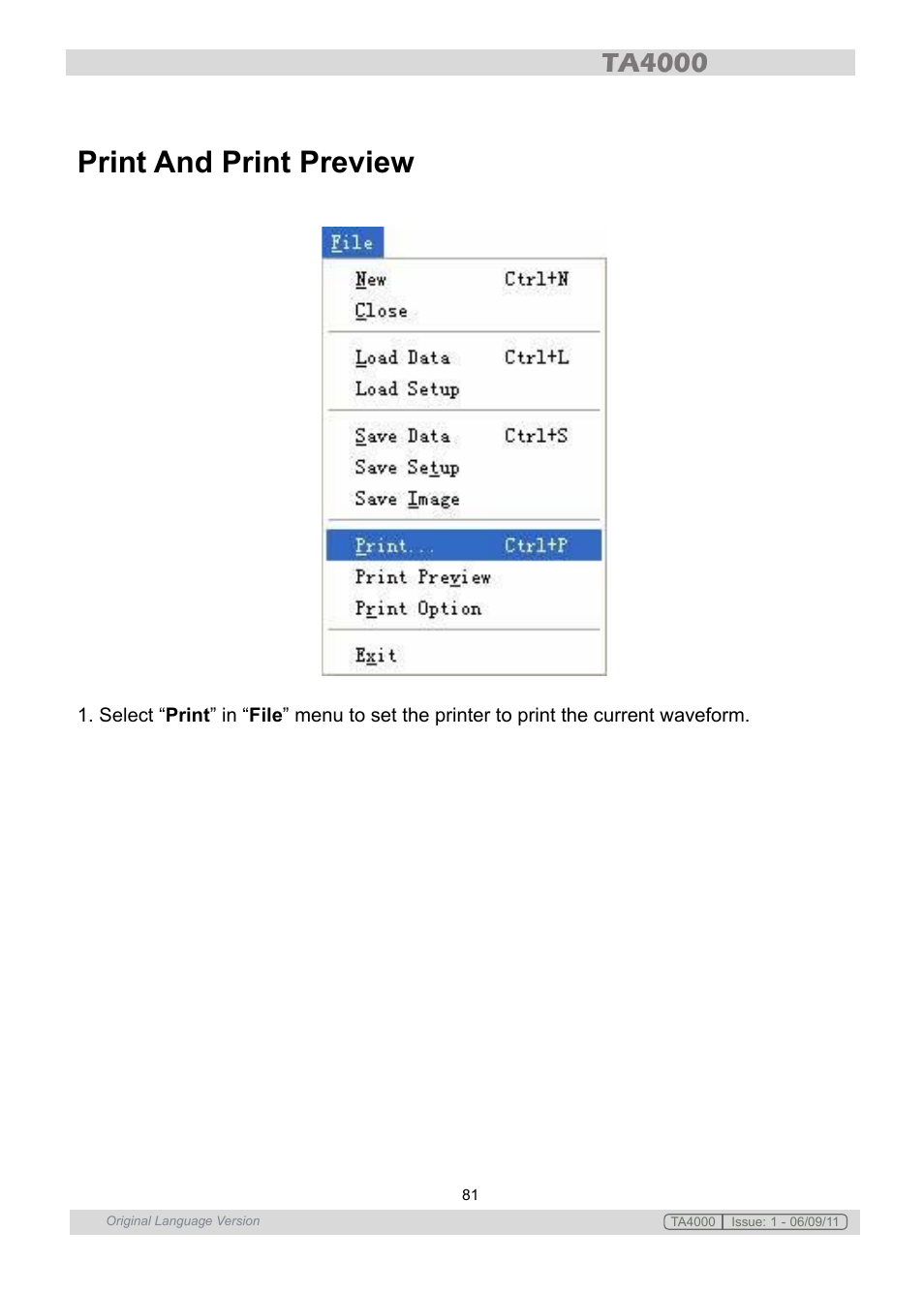 Print and print preview | Sealey TA4000 User Manual | Page 81 / 102