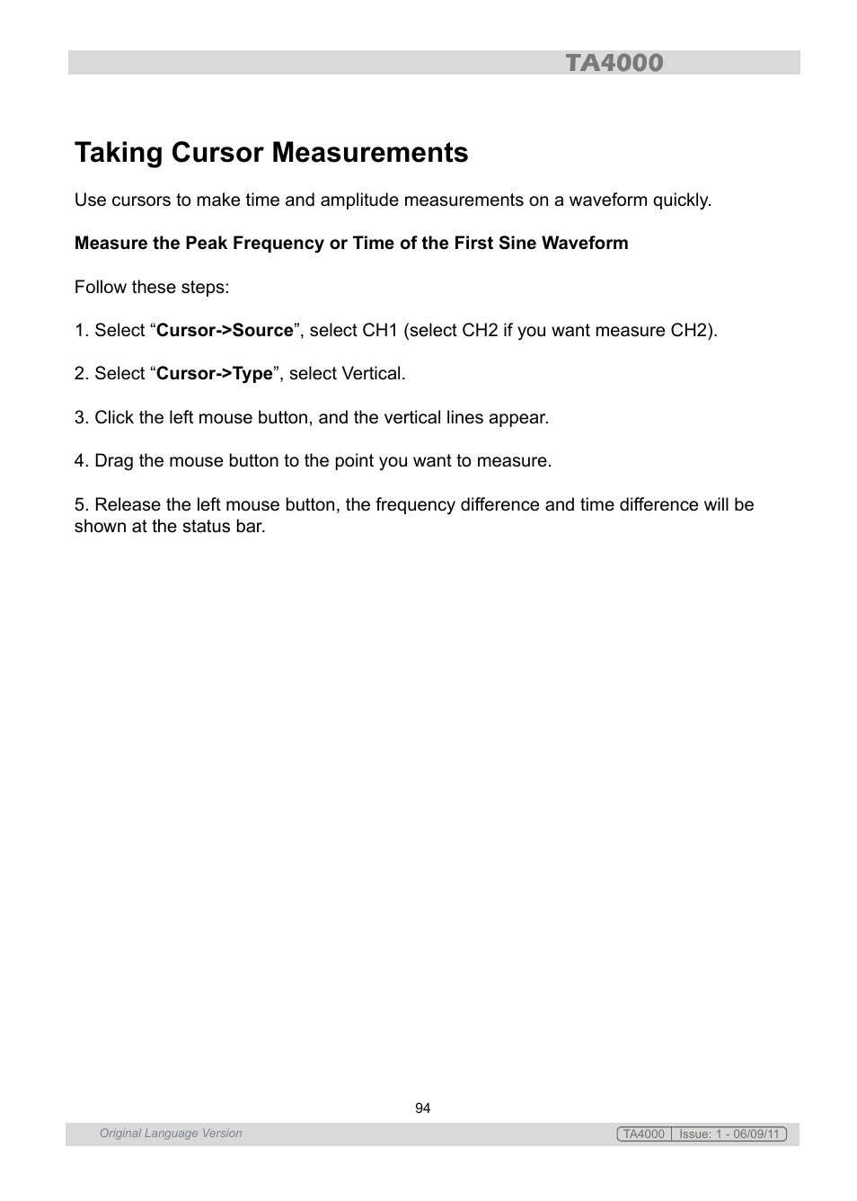 Taking cursor measurements | Sealey TA4000 User Manual | Page 94 / 102