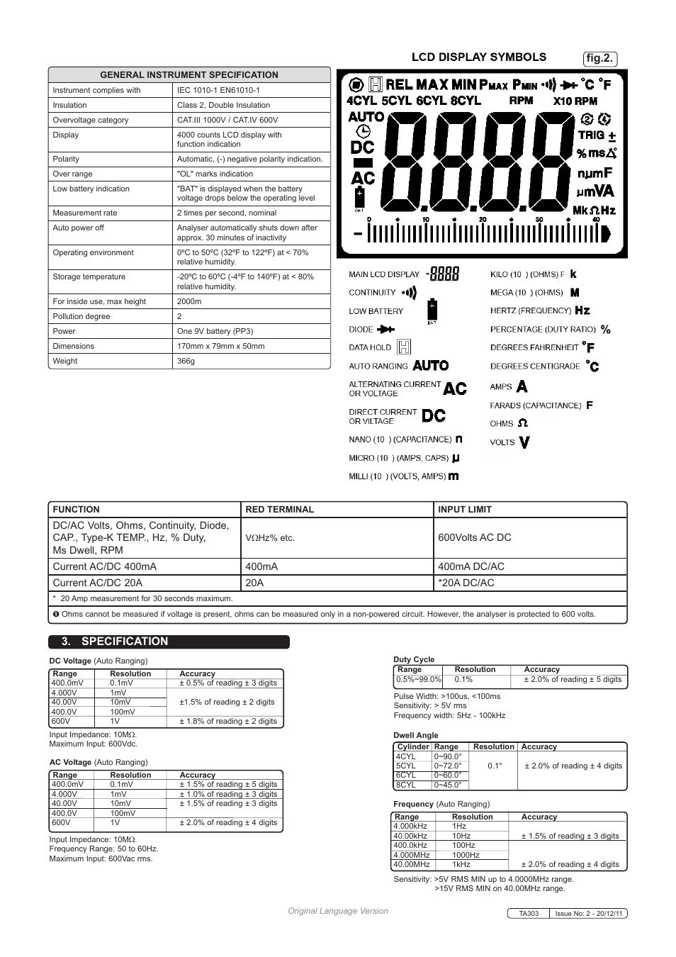 Specification, Fig.2 | Sealey TA303 User Manual | Page 2 / 5