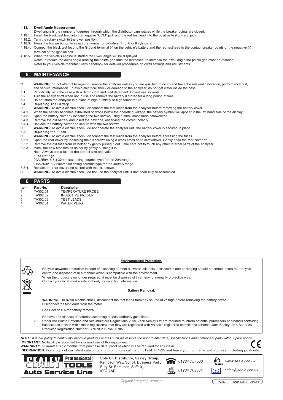 Maintenance, Parts | Sealey TA303 User Manual | Page 5 / 5