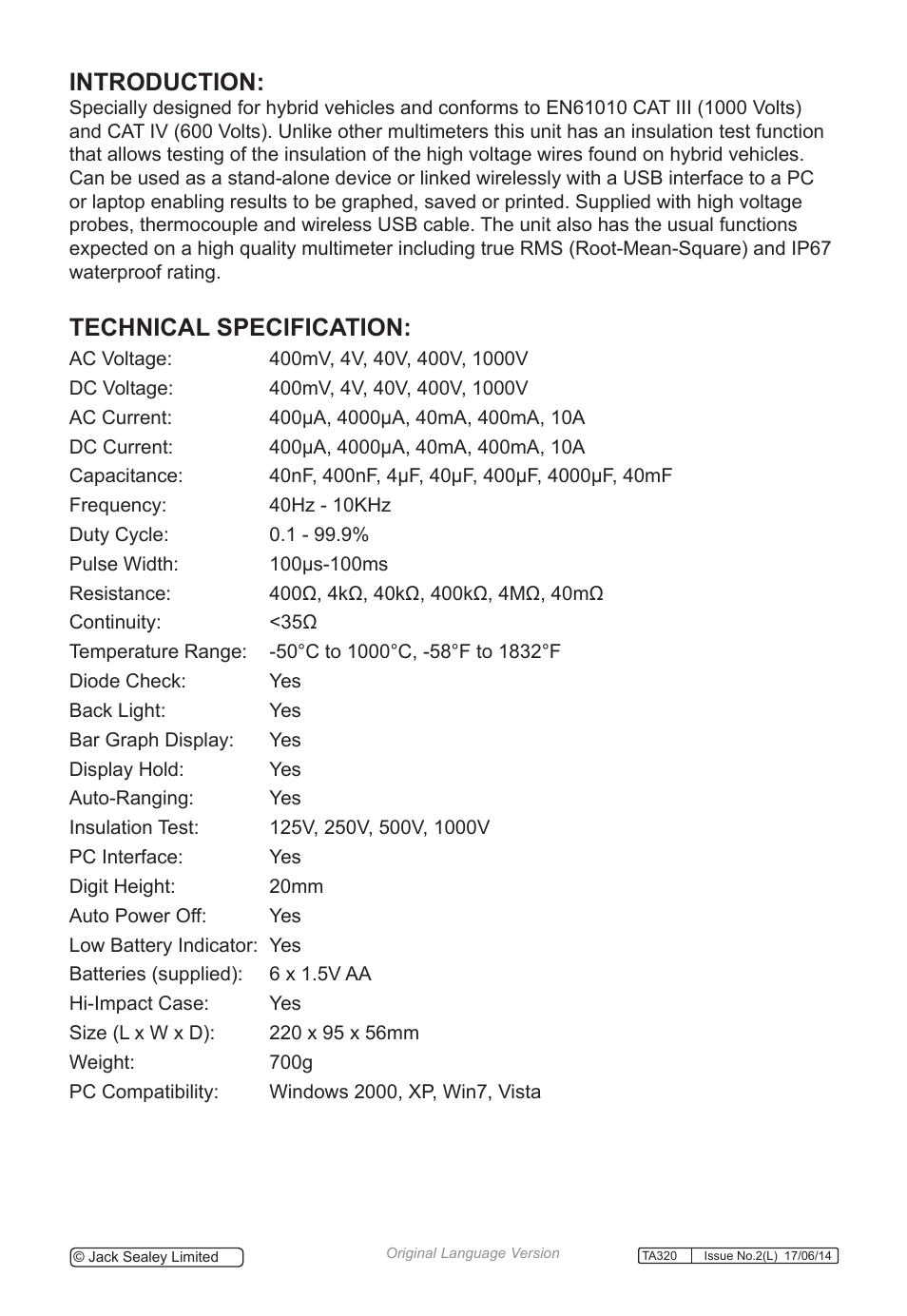 Technical specification, Introduction | Sealey TA320 User Manual | Page 2 / 36
