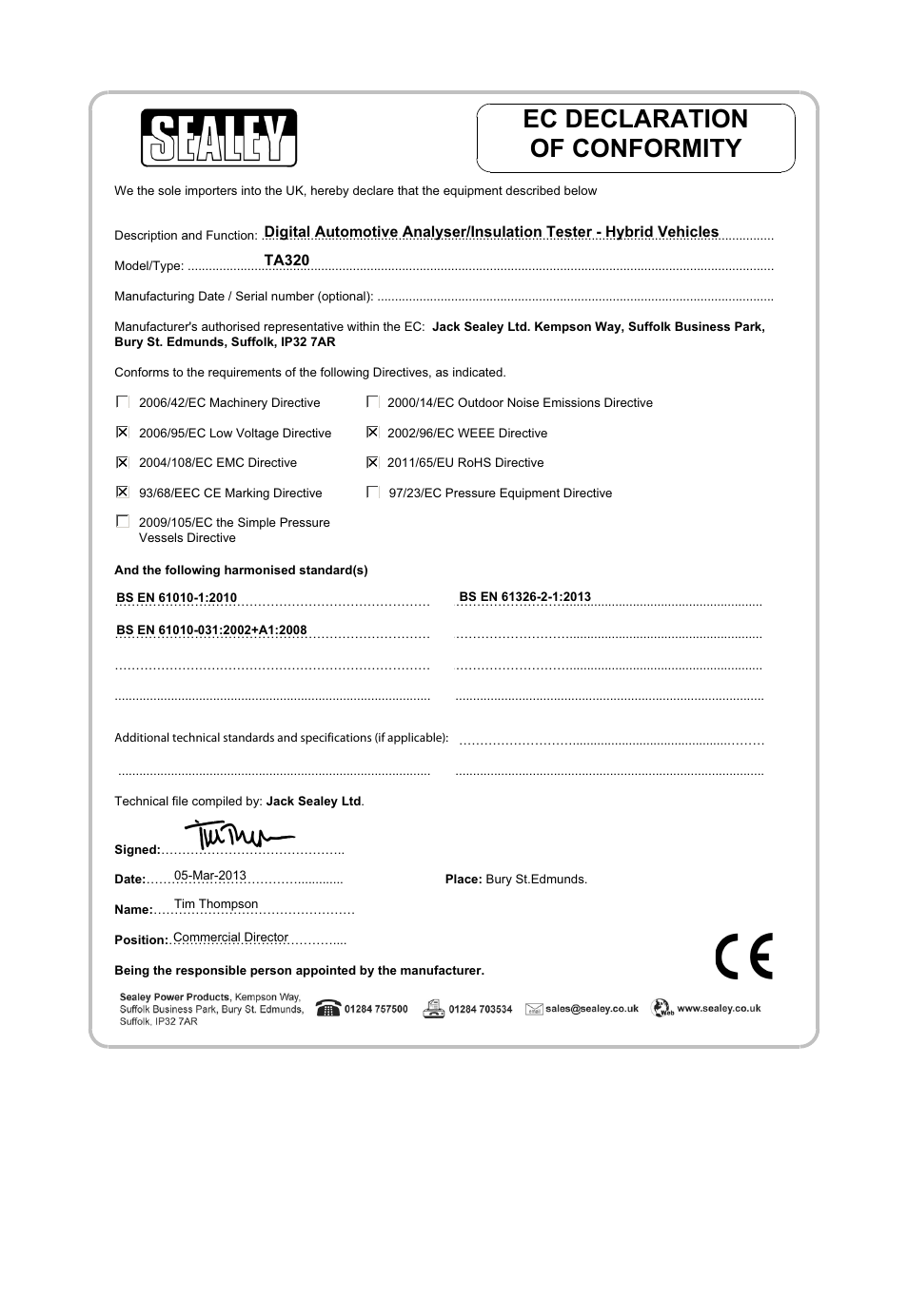 Ec declaration of conformity | Sealey TA320 User Manual | Page 5 / 36