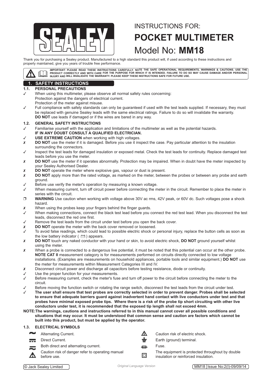 Sealey MM18 User Manual | 5 pages