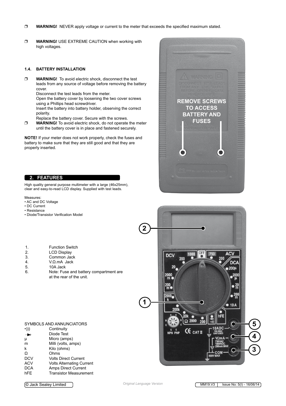 Remove screws to access battery and fuses | Sealey MM19 User Manual | Page 2 / 6