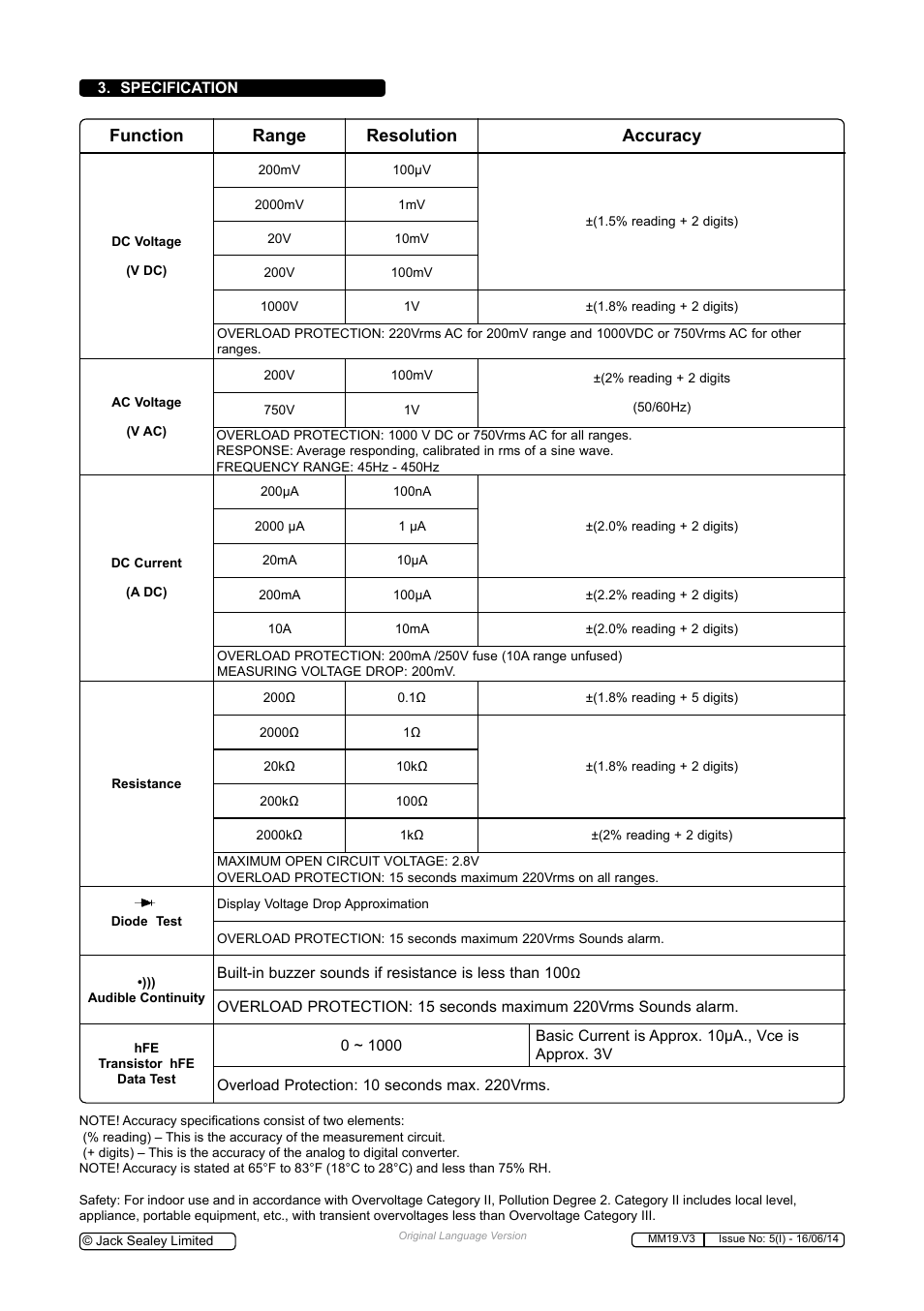 Function range resolution accuracy | Sealey MM19 User Manual | Page 3 / 6