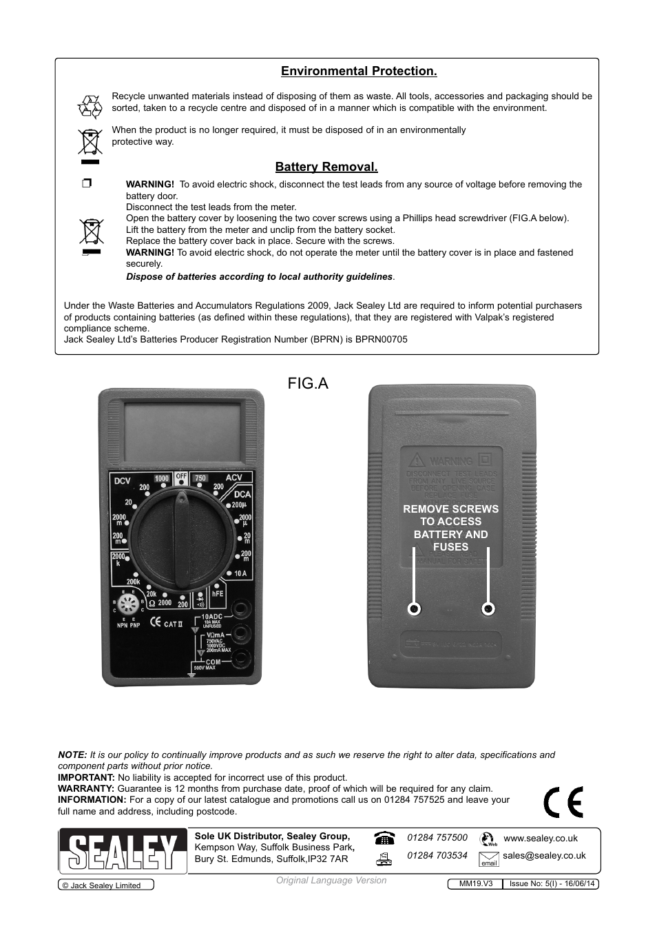 Fig.a, Environmental protection, Battery removal | Sealey MM19 User Manual | Page 6 / 6