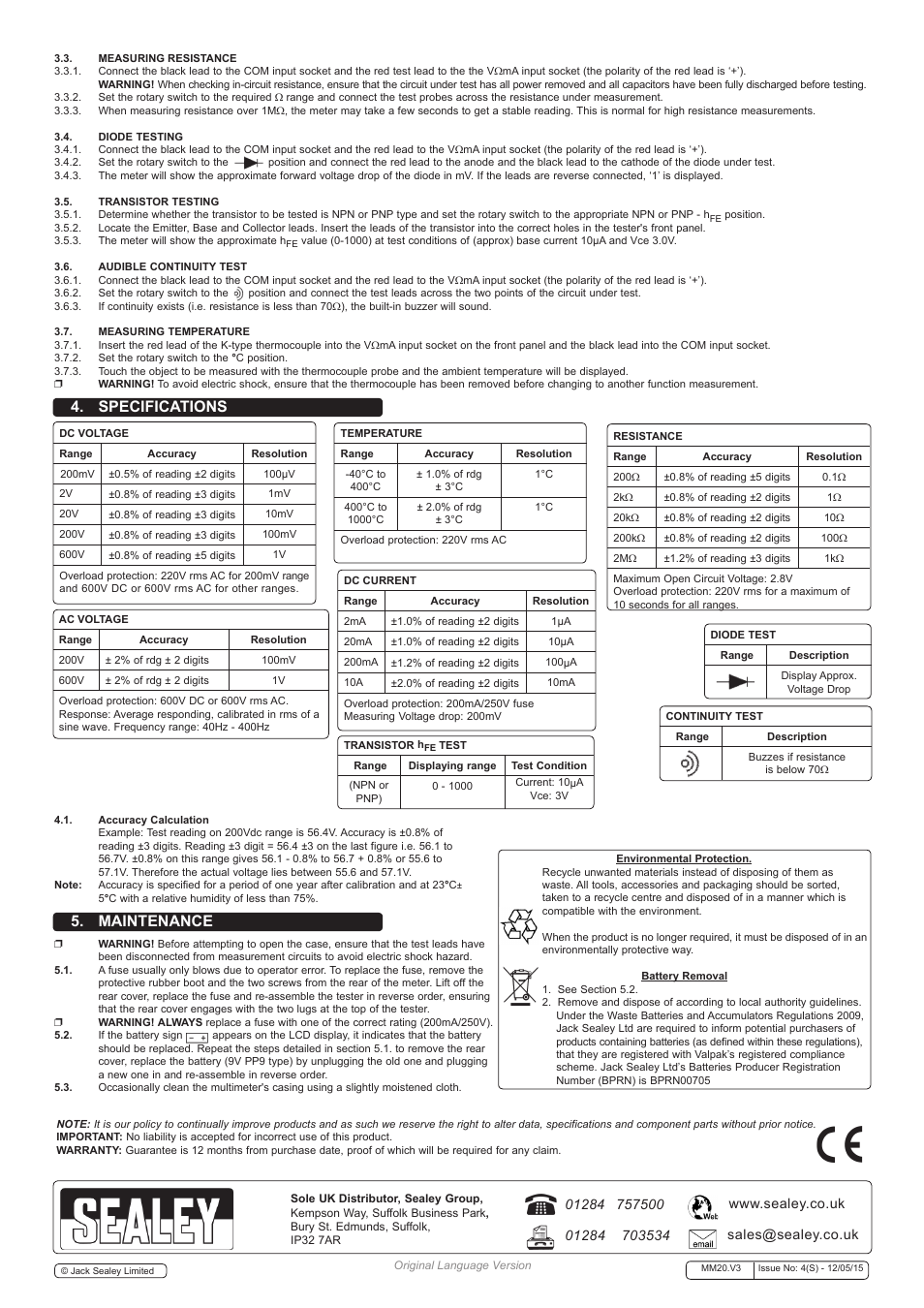 Maintenance 4. specifications | Sealey MM20 User Manual | Page 2 / 2