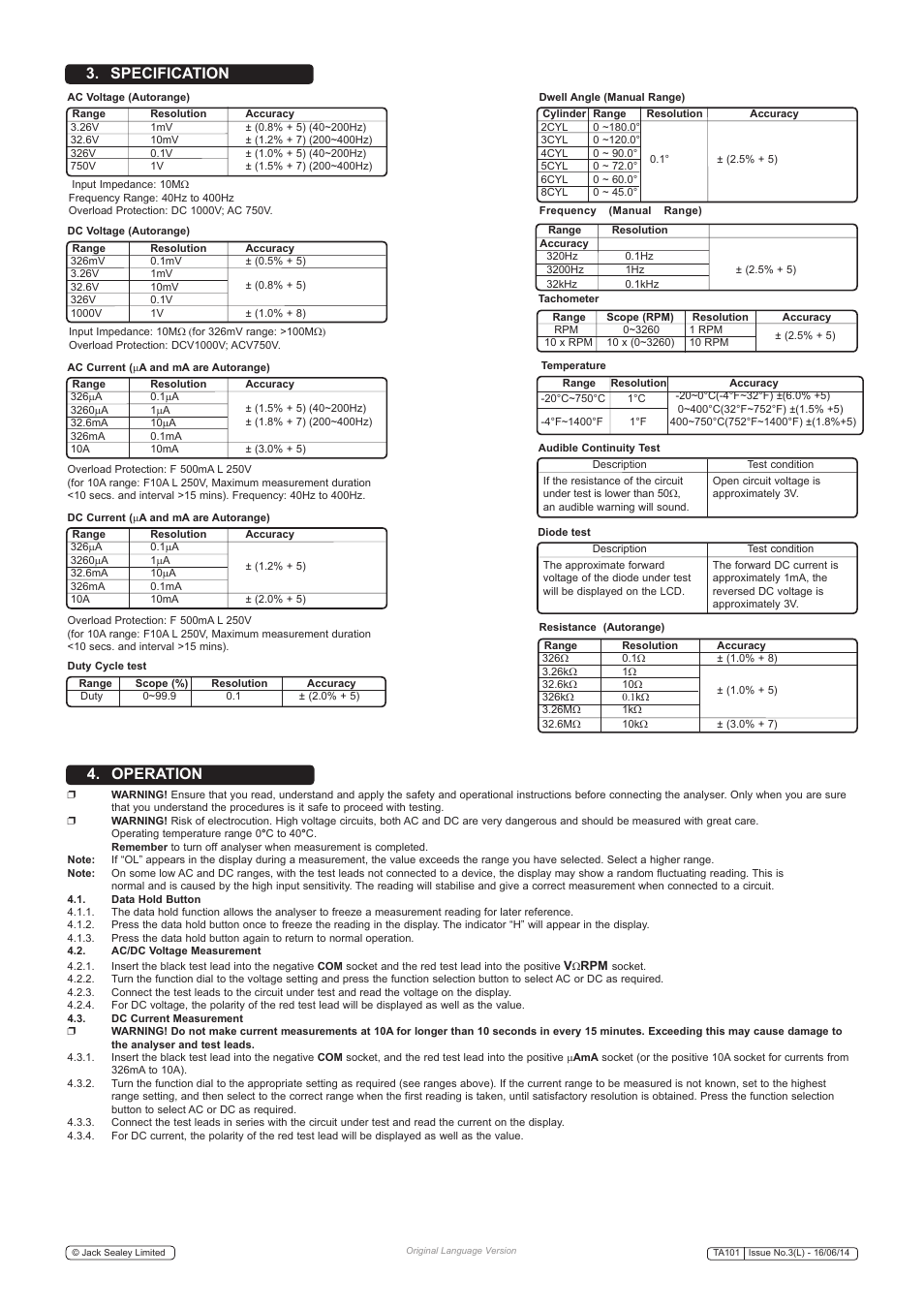 Specification 4. operation | Sealey TA101 User Manual | Page 2 / 4