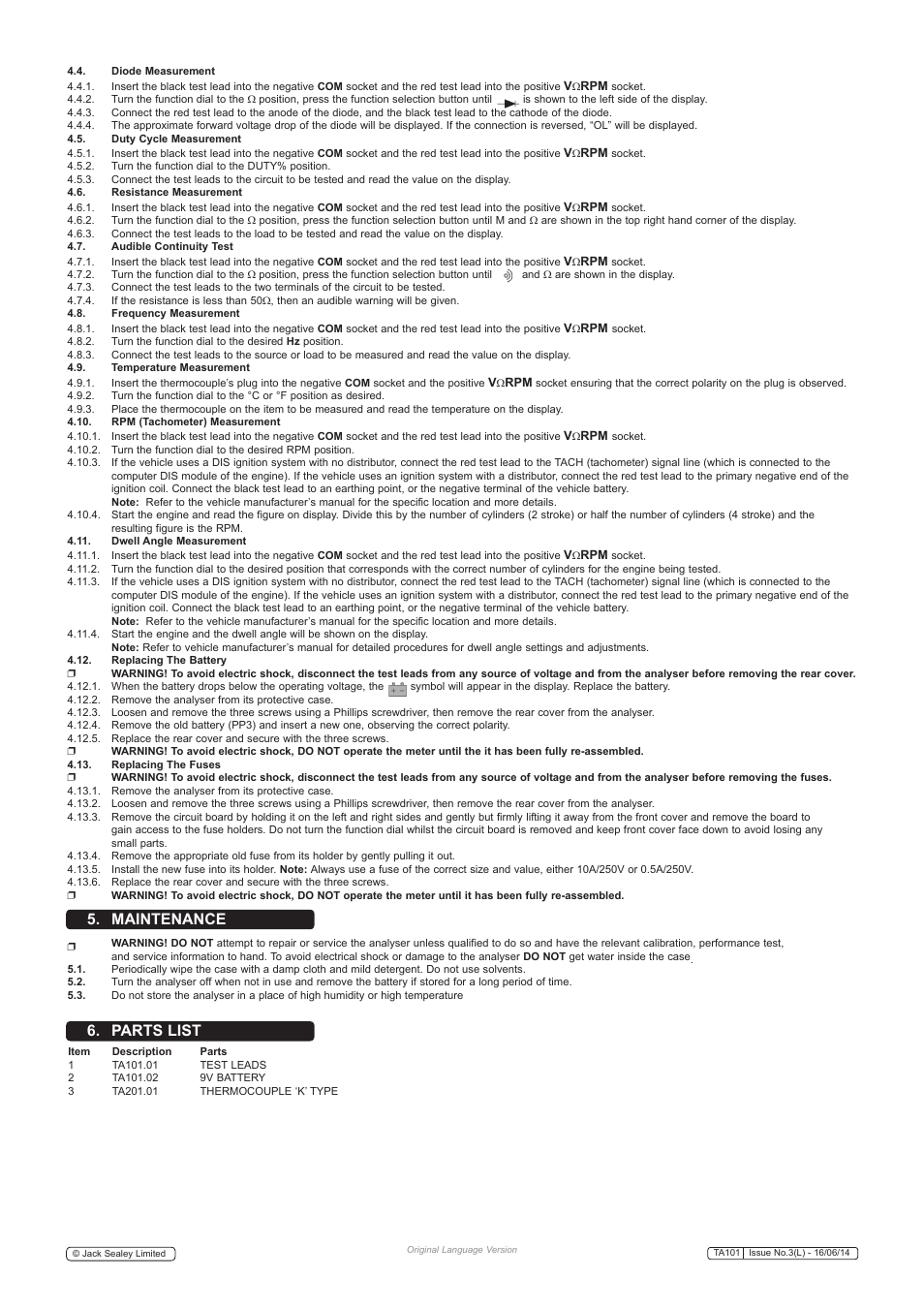 Maintenance 6. parts list | Sealey TA101 User Manual | Page 3 / 4