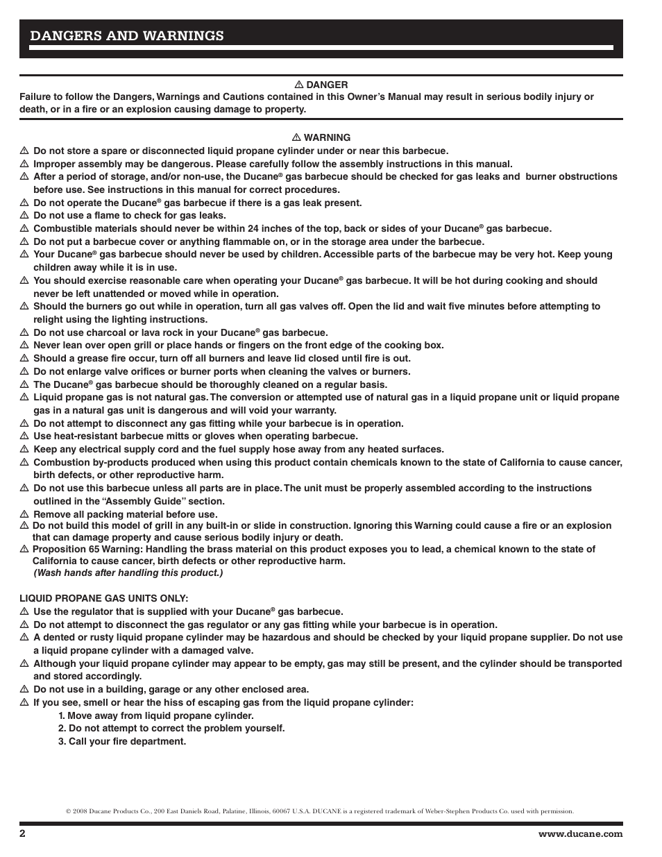 Dangers and warnings | Ducane Affinity LP 3400 User Manual | Page 2 / 72