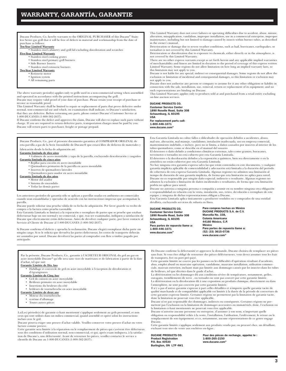 Warranty, garantía, garantie | Ducane Affinity LP 3400 User Manual | Page 3 / 72