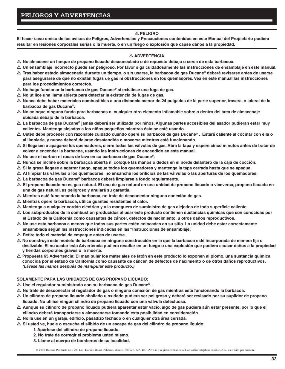 Peligros y advertencias | Ducane Affinity LP 3400 User Manual | Page 33 / 72