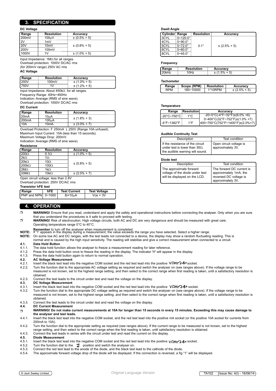 Specification, Operation | Sealey TA102 User Manual | Page 2 / 4