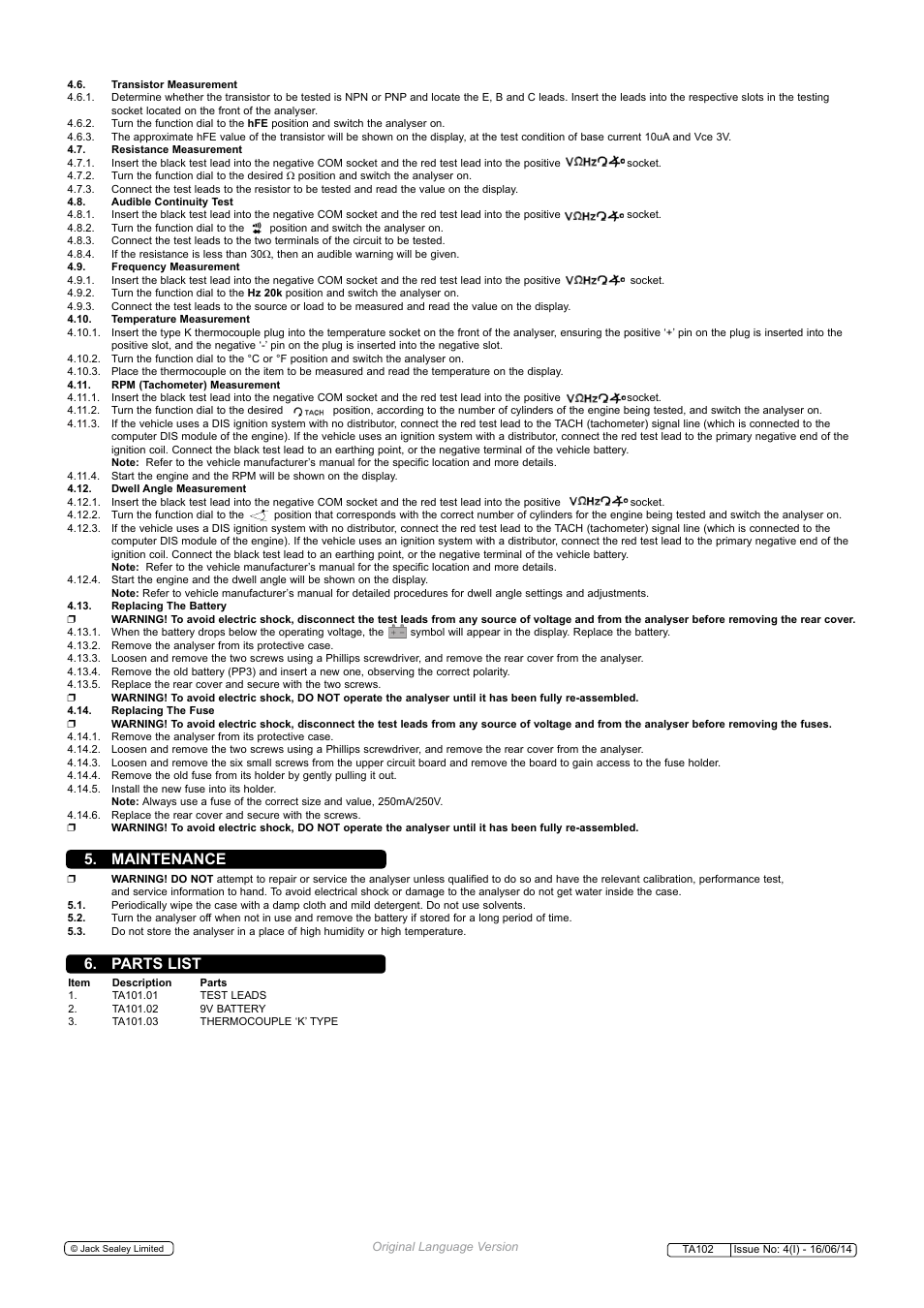 Maintenance, Parts list | Sealey TA102 User Manual | Page 3 / 4