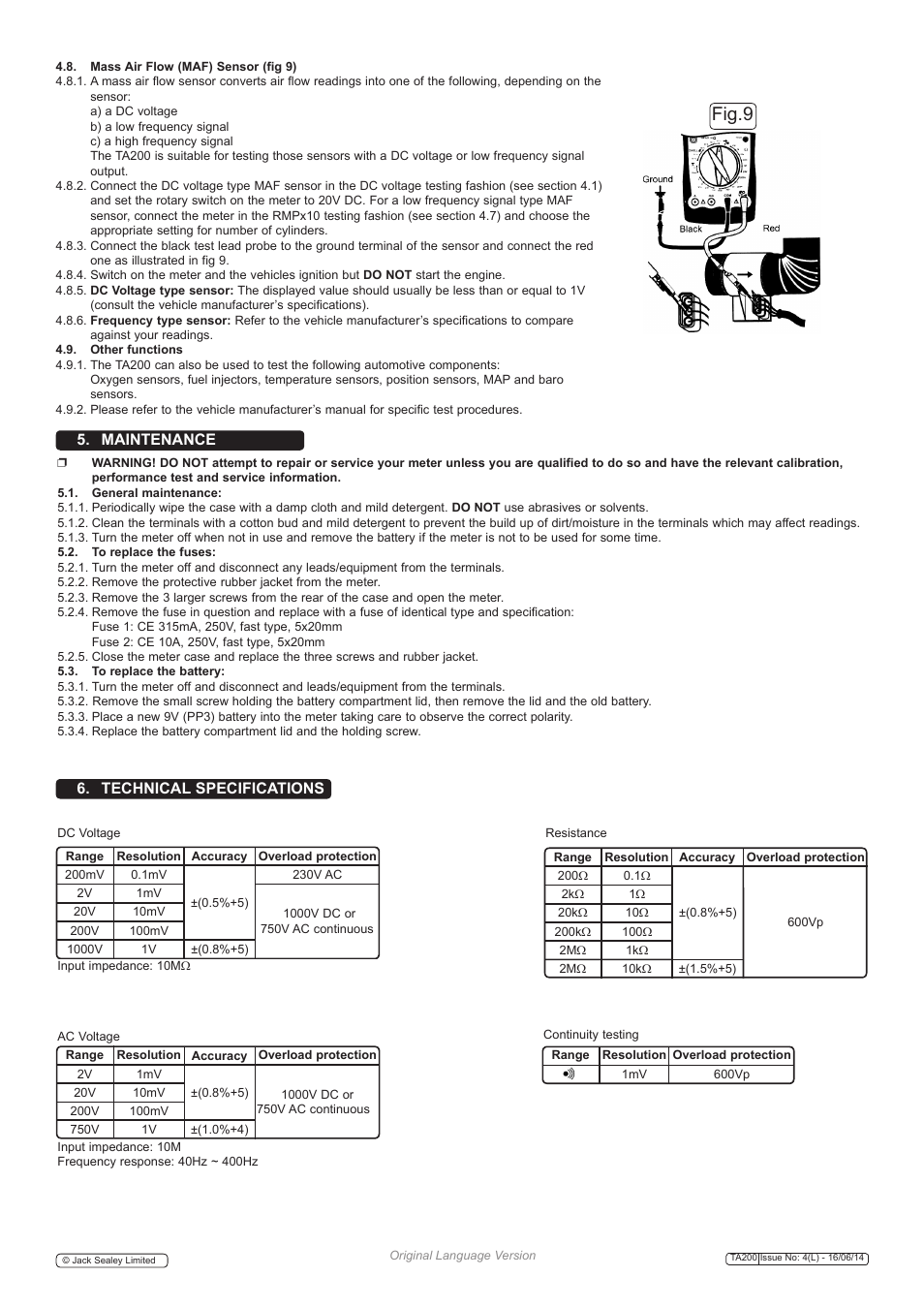 Fig.9, Maintenance 6. technical specifications | Sealey TA200 User Manual | Page 5 / 6