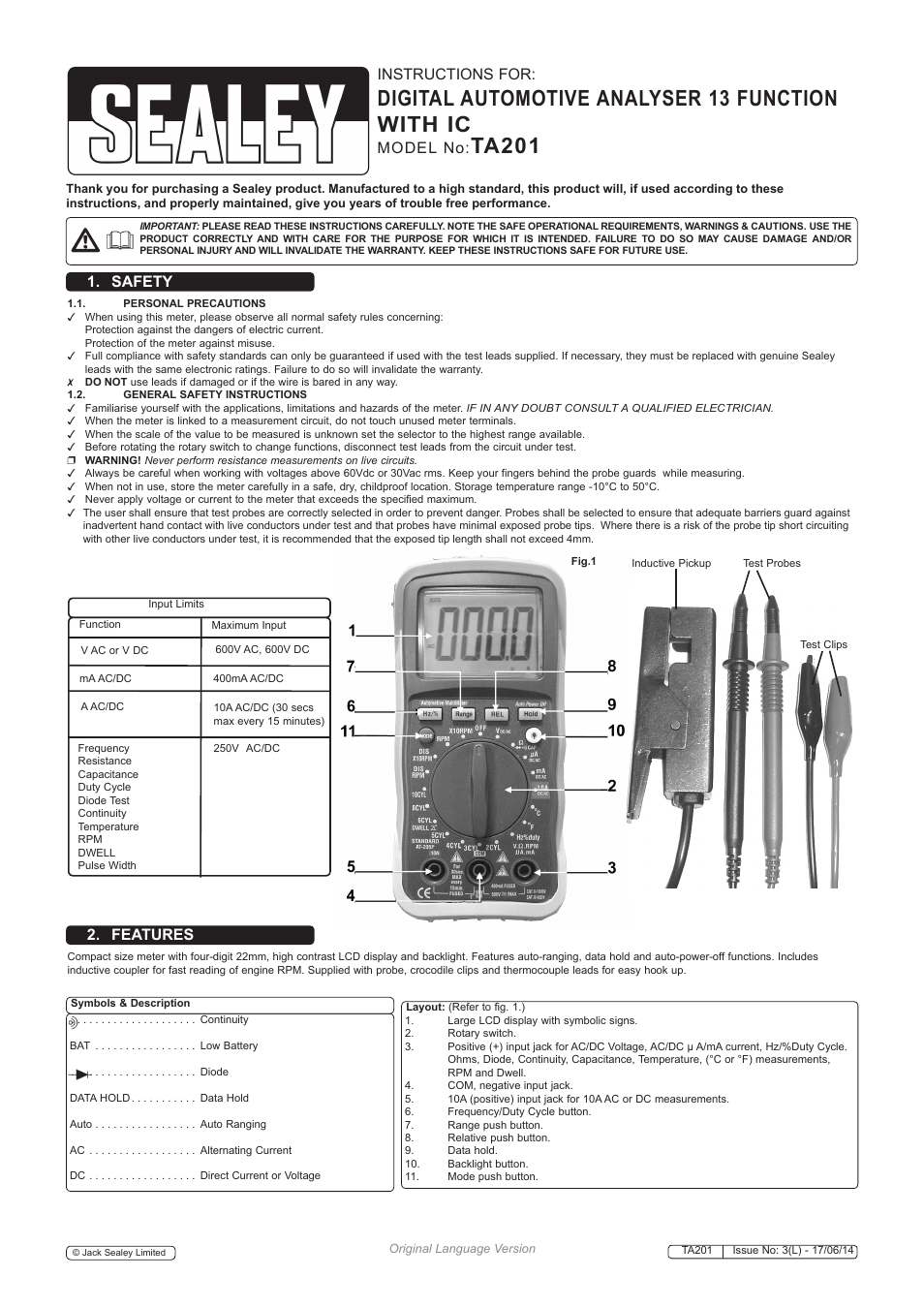 Sealey TA201 User Manual | 4 pages