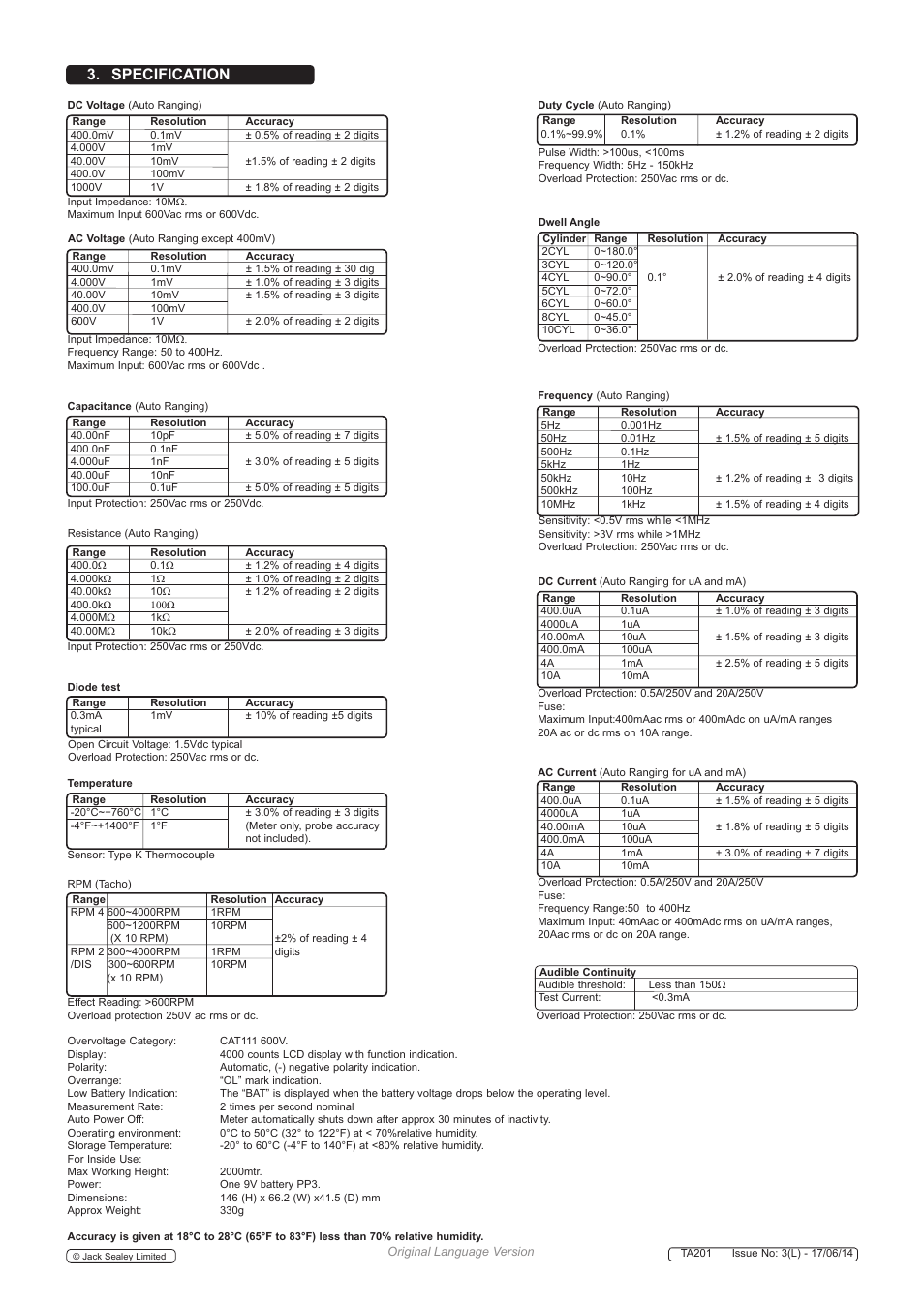 Specification | Sealey TA201 User Manual | Page 2 / 4