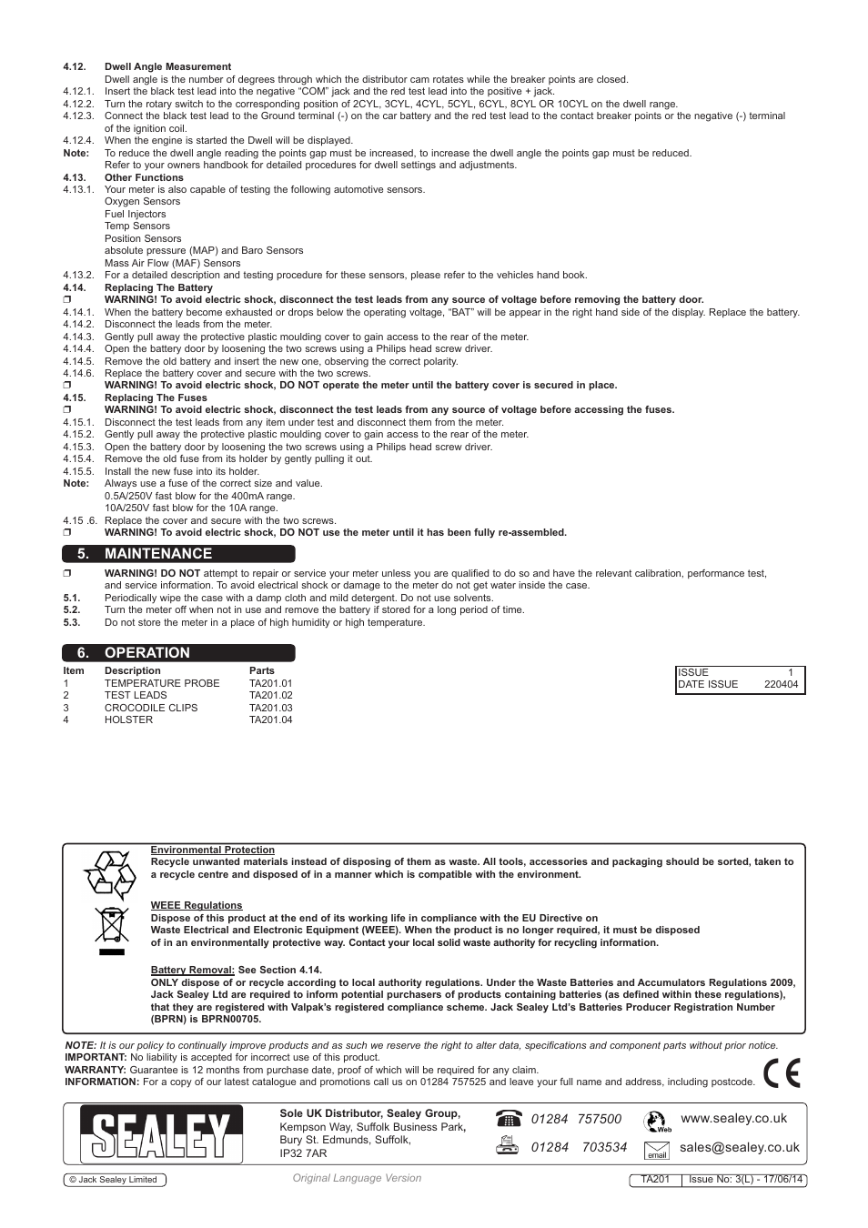 Maintenance 6. operation | Sealey TA201 User Manual | Page 4 / 4