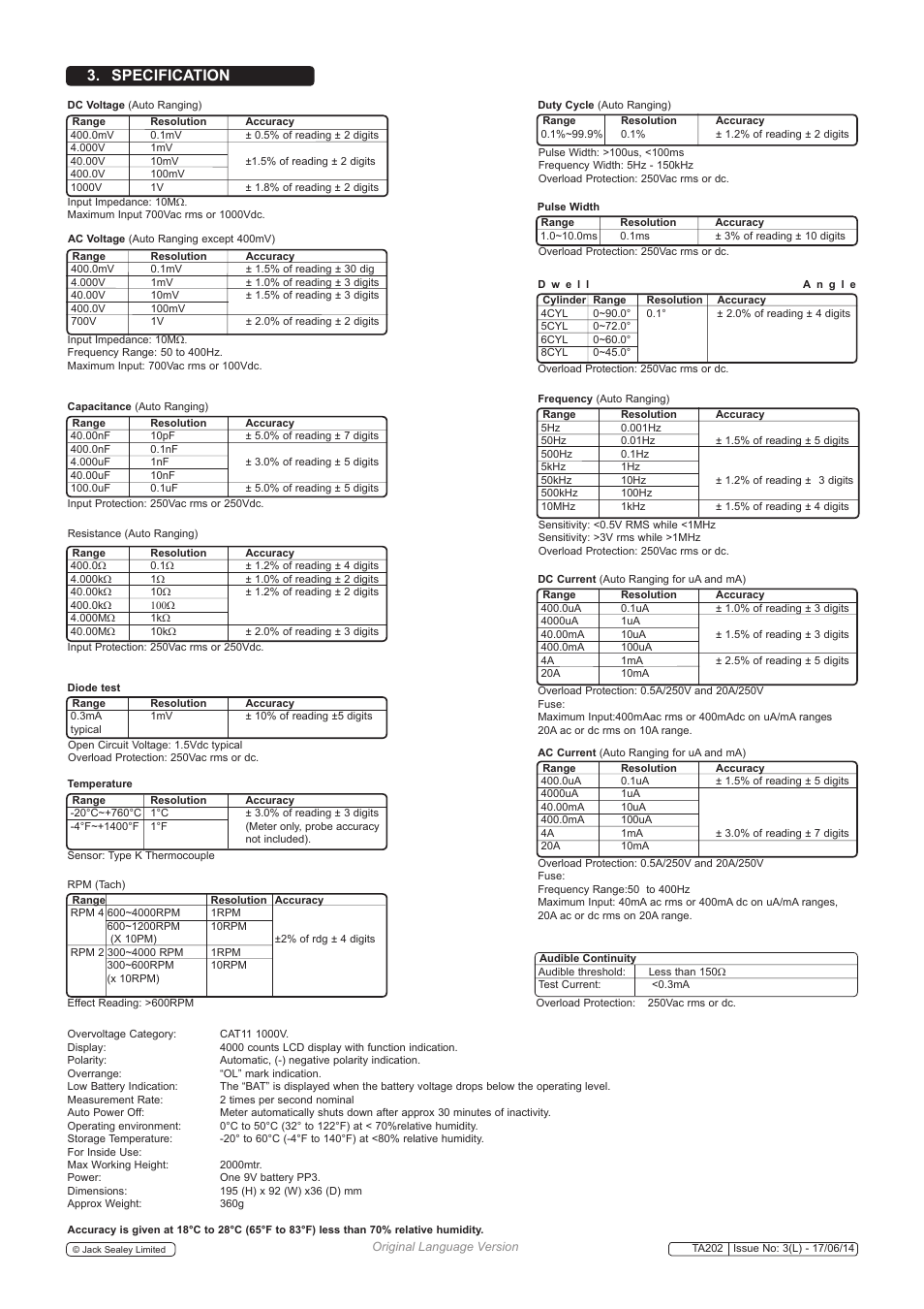 Specification | Sealey TA202 User Manual | Page 2 / 4