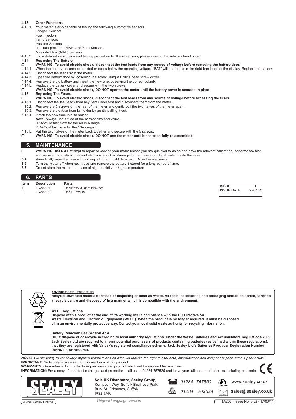 Parts 5. maintenance | Sealey TA202 User Manual | Page 4 / 4