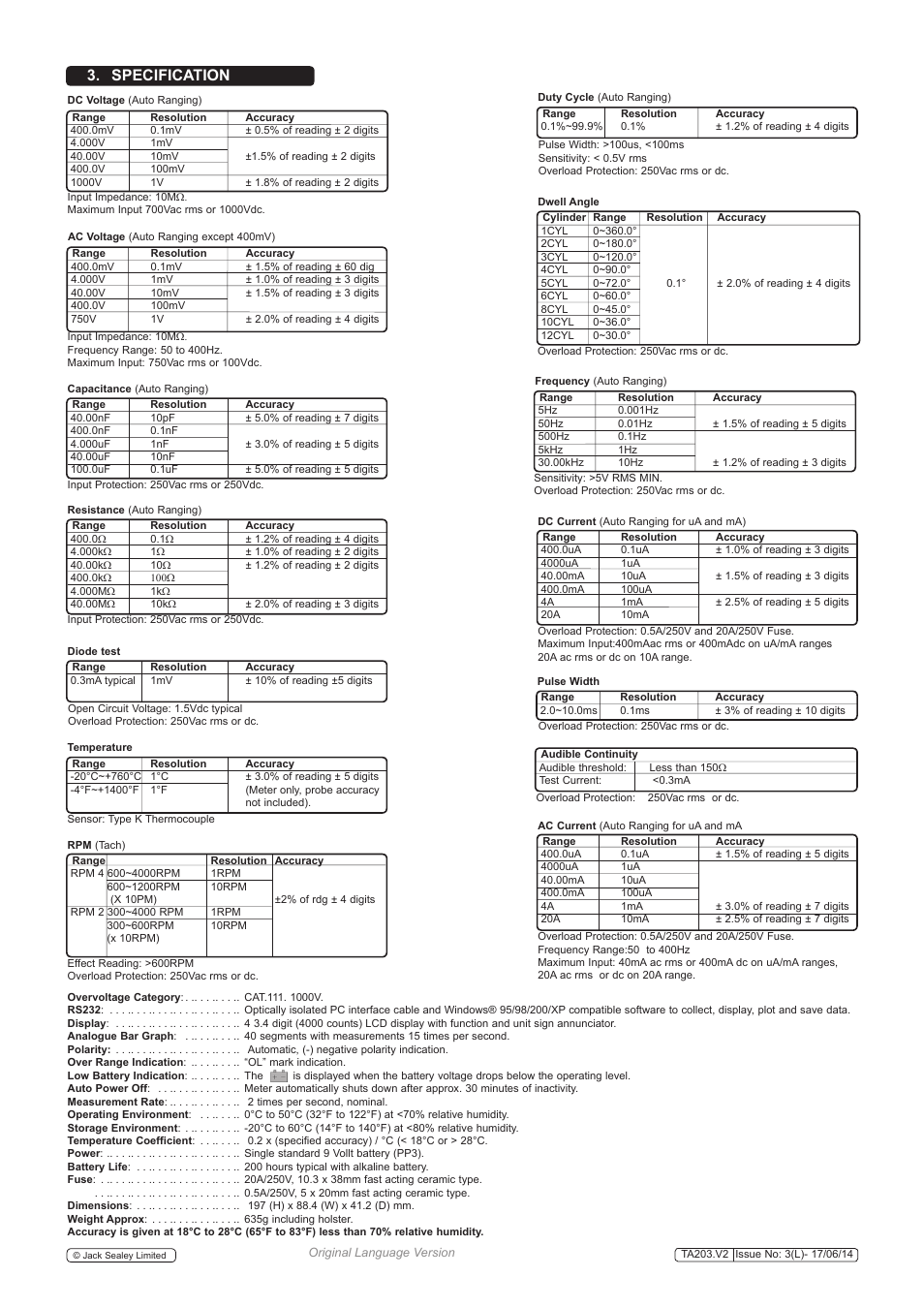 Specification | Sealey TA203 User Manual | Page 2 / 6