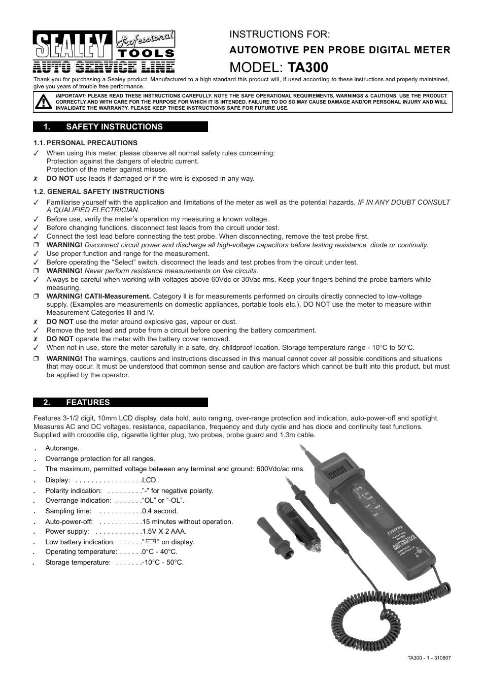 Sealey TA300 User Manual | 4 pages