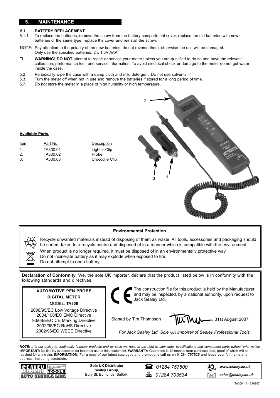 Sealey TA300 User Manual | Page 4 / 4