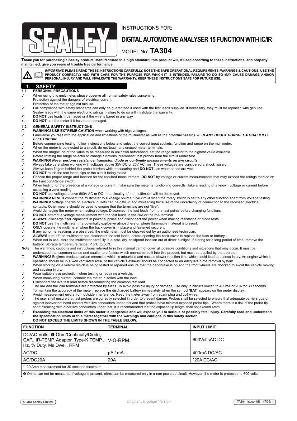 Sealey TA304 User Manual | 7 pages