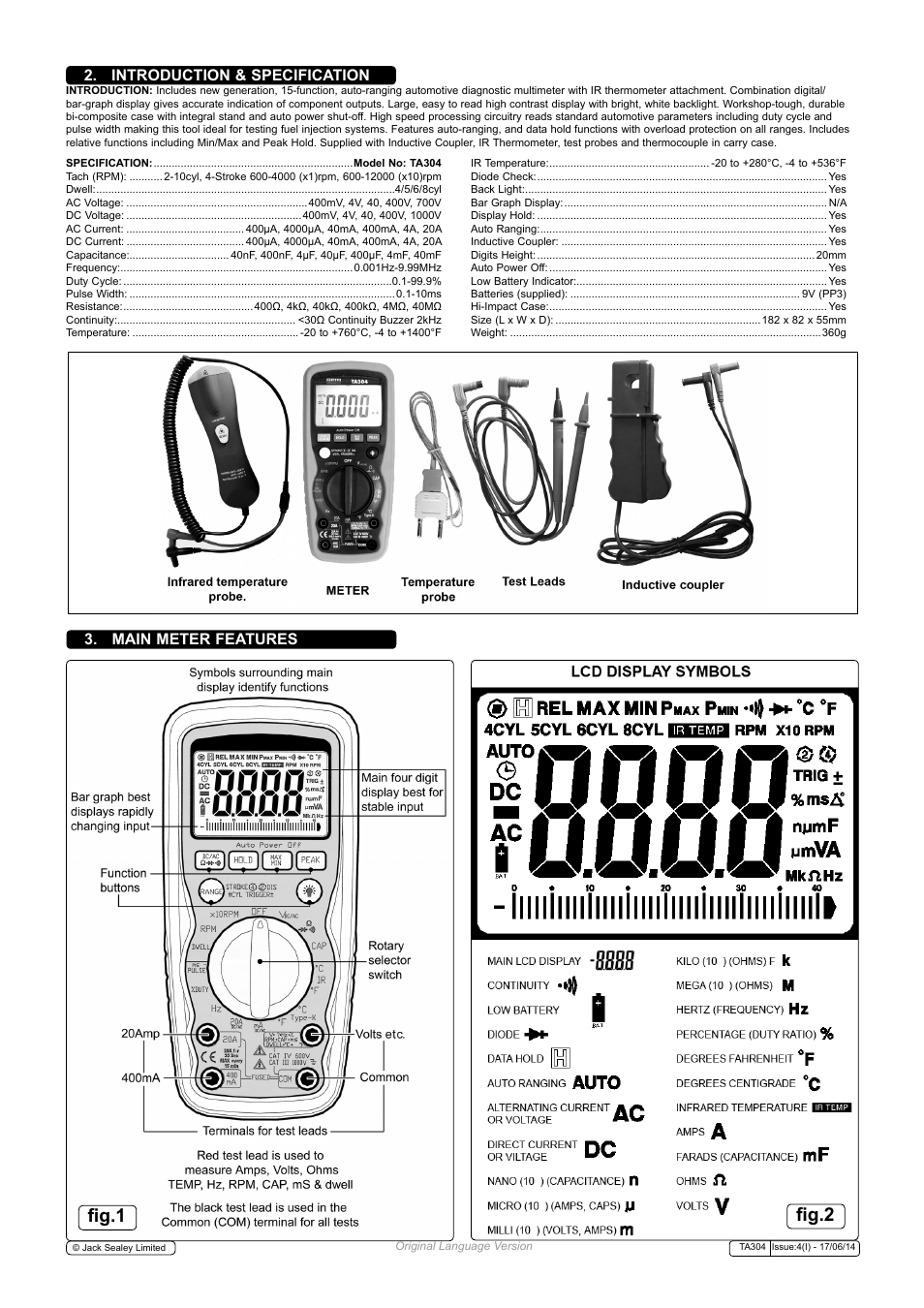 Fig.1 fig.2, Main meter features, Introduction & specification | Sealey TA304 User Manual | Page 2 / 7