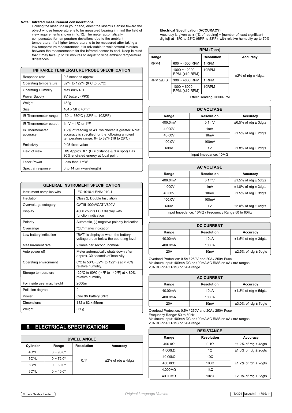 Electrical specifications | Sealey TA304 User Manual | Page 6 / 7