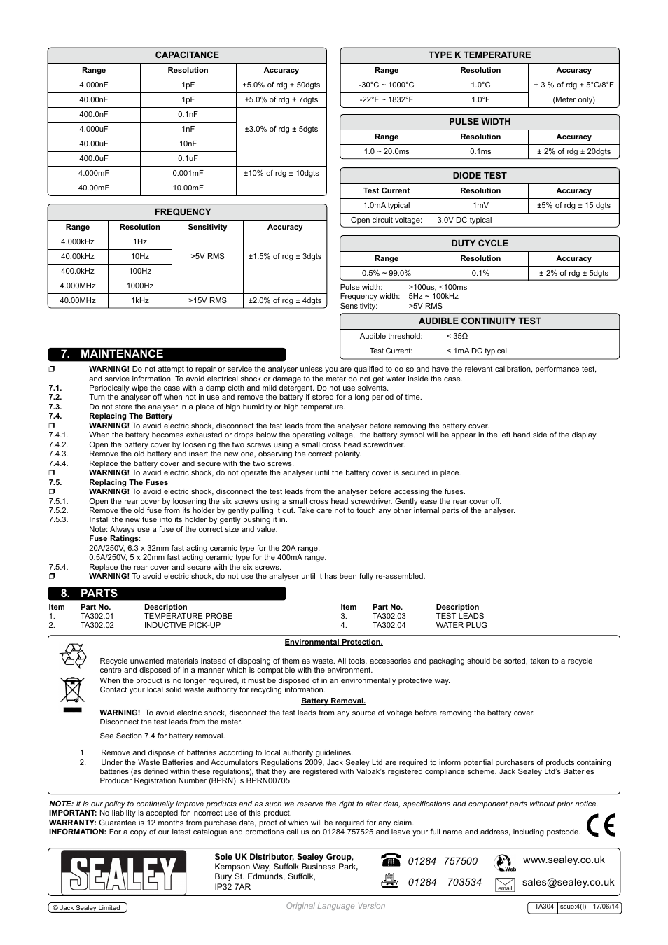 Maintenance, Parts | Sealey TA304 User Manual | Page 7 / 7