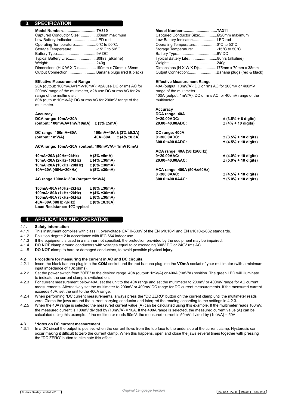Specification, Application and operation | Sealey TA310 User Manual | Page 2 / 3