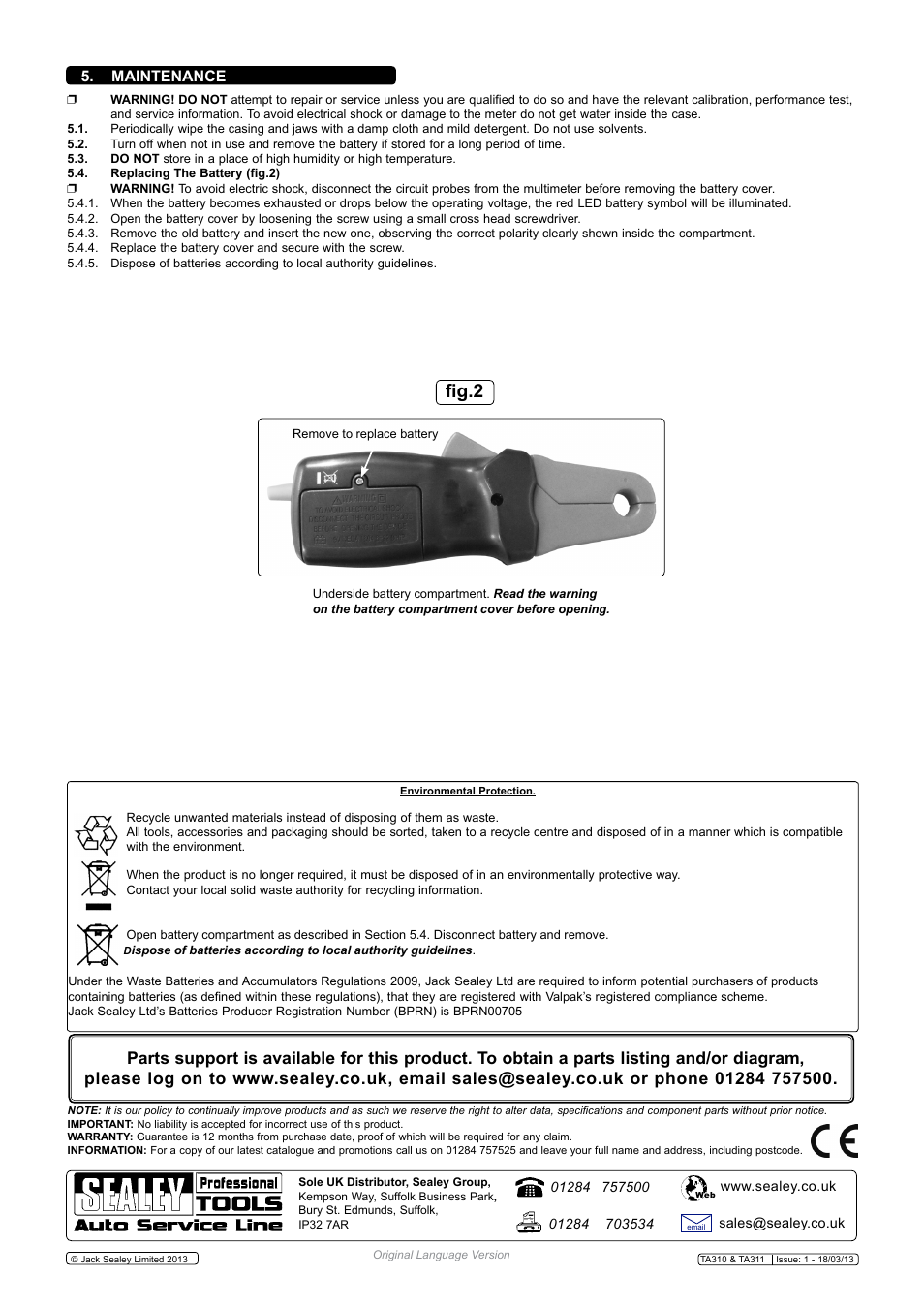 Fig.2, Maintenance | Sealey TA310 User Manual | Page 3 / 3