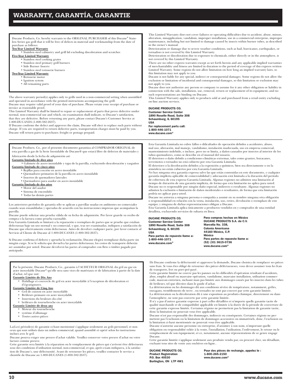 Warranty, garantía, garantie | Ducane LP Gass Grill 3200 User Manual | Page 10 / 56