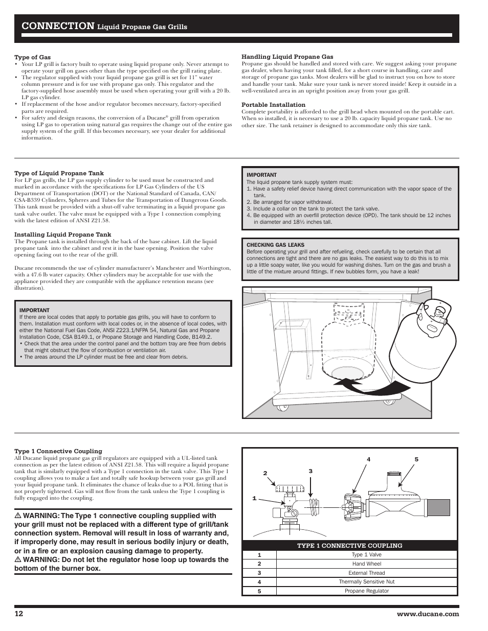 Connection | Ducane LP Gass Grill 3200 User Manual | Page 12 / 56