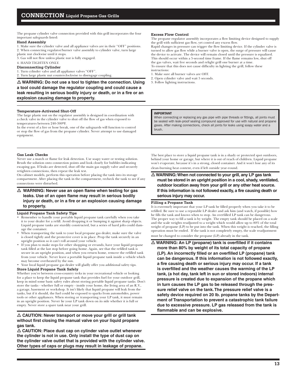 Connection | Ducane LP Gass Grill 3200 User Manual | Page 13 / 56